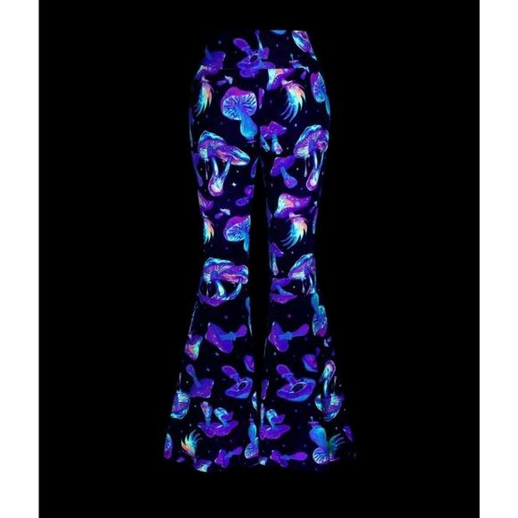 NWT XL Retro Stretchy Pants Blacklight Mushroom Rave Festival Flares - Picture 9 of 10